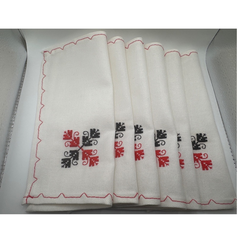 Vintage Style Embroidered Cloth Napkins Set of 6 White Red Black Folk Pattern